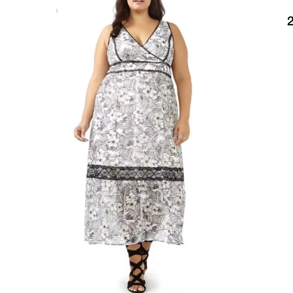 Michel Studio 14 Snow Floral Lace Trim Maxi Dress